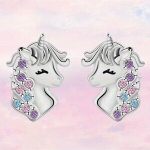 Unicorn Stud Earrings With Multicolor Crystals For Kids